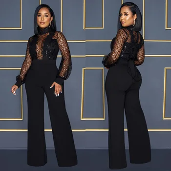European and American fashion women's clothing hollow perspective long-sleeved trousers lace-up jumpsuits
