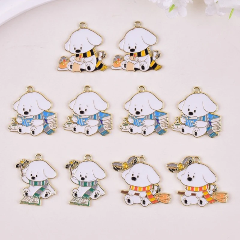 

10pcs Cute Reading Dog Scarf Little Dog Alloy Charms Pendants for DIY Jewelry Earring Bracelet Bag Accessory