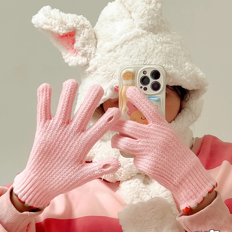 

Женские милые цветные вязаные перчатки, осенне-зимние однотонные плюшевые теплые варежки в Корейском стиле, водонепроницаемые перчатки для улицы, езды на лыжах