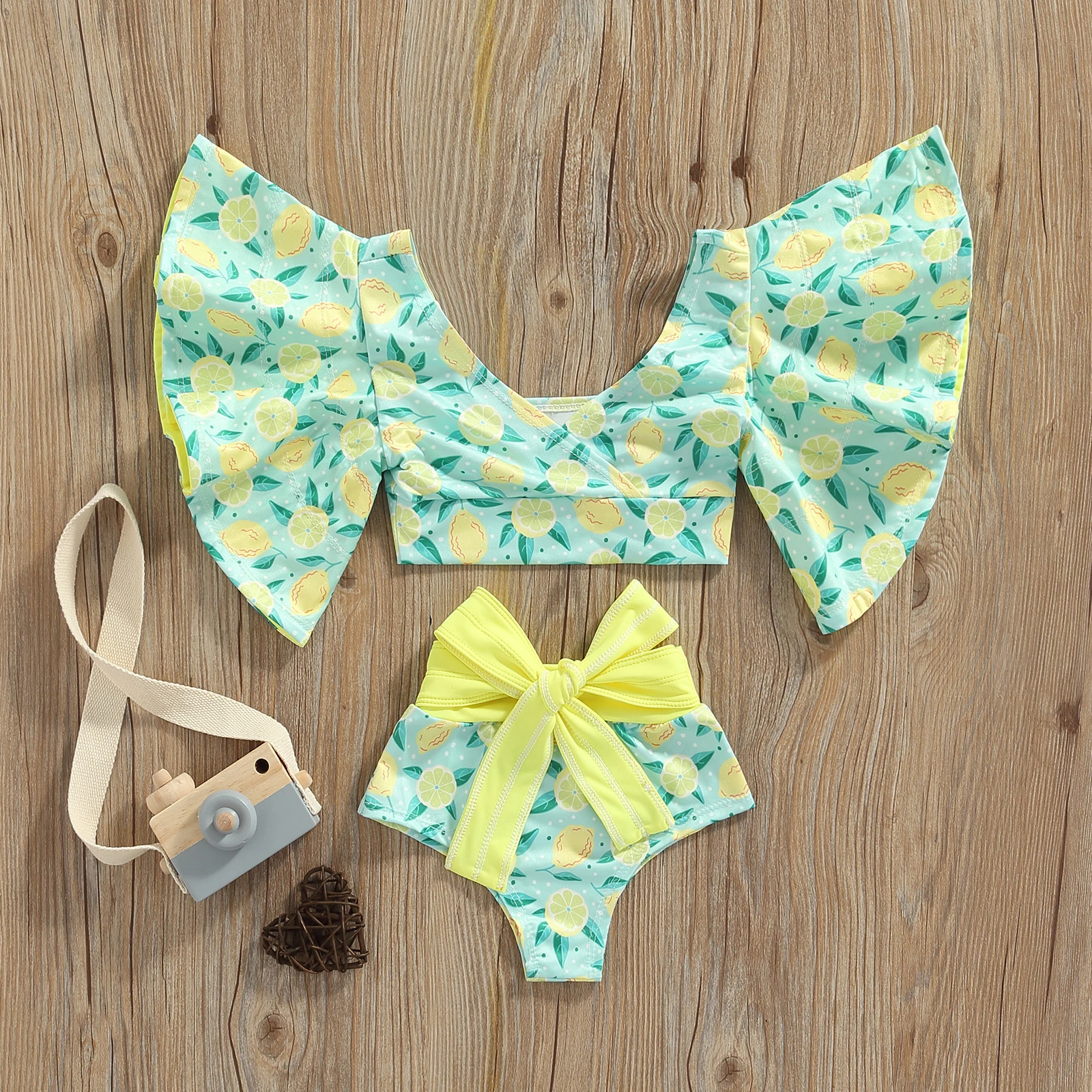 Girls Two-Piece Swimwear Lemon/Starfish/Striped Baggy Sleeve Swim Tops + High Waist Bathing Shorts Swimsuit children swimwear