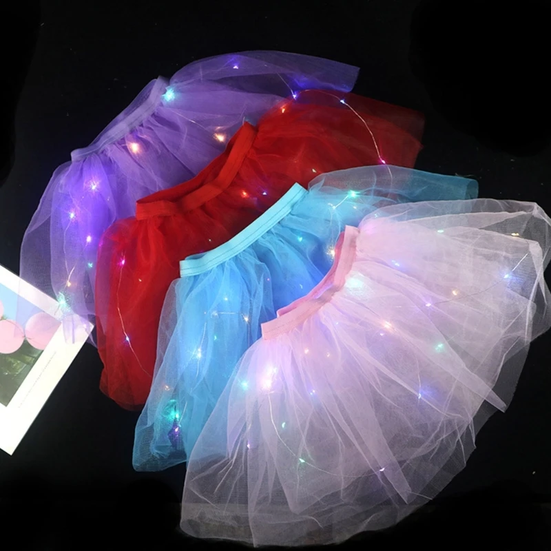 Kids Girls Glowing Tulle Tutu Skirt with LED Light Princess Ballet Stage Dance Short Dress for Fairy Mini Skirt Birthday Gift 2
