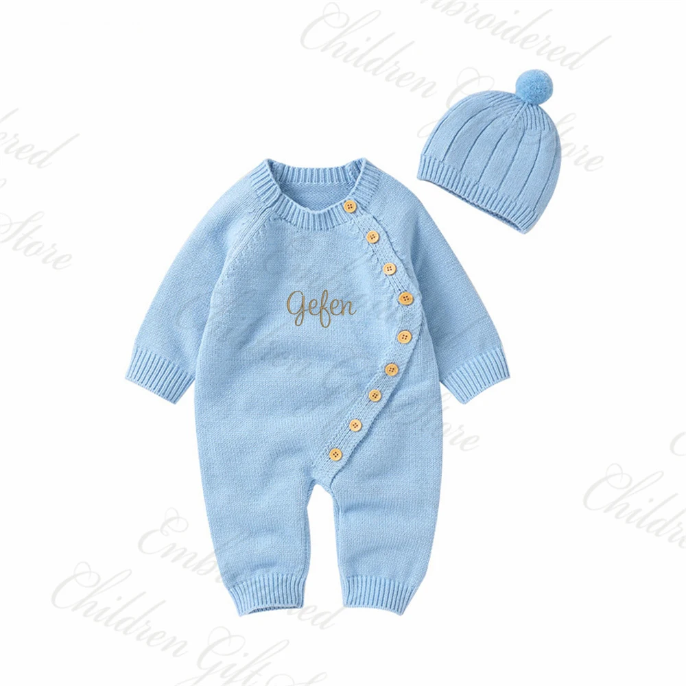 Baby knitted Jumpsuit with Hat Custom Embroidered Name Newborn Boys Girls Birth Gift Sweater Personalized Cute Crawling Suit Set 3