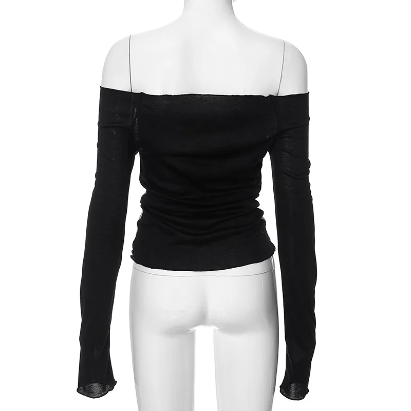Fashion Knitted Mesh Character Print Graphic T Shirts Casual One-Piece Neckline Long Sleeve Women Clothes See-Through Y2k Top