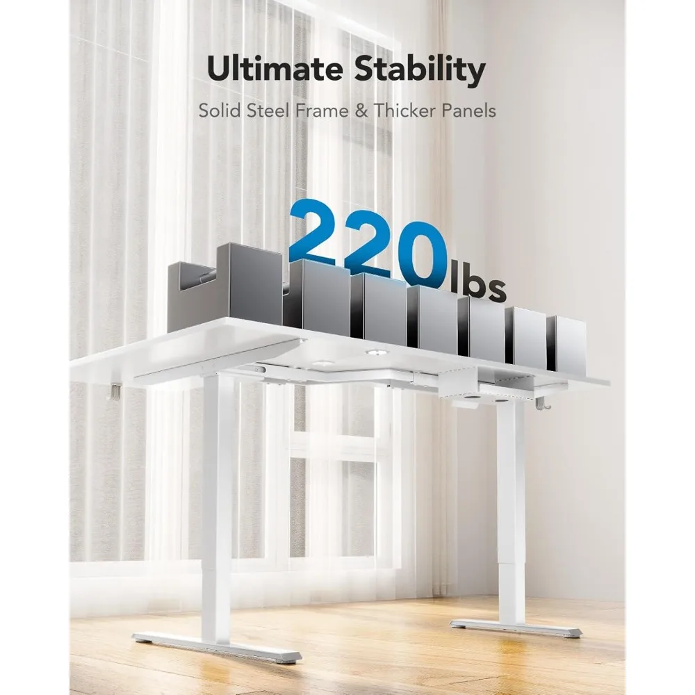 63x40 inch Dual Motor L Shaped Electric Standing Desk with 3 Preset Heights, Electric Height Adjustable Computer Table, 2 Hooks