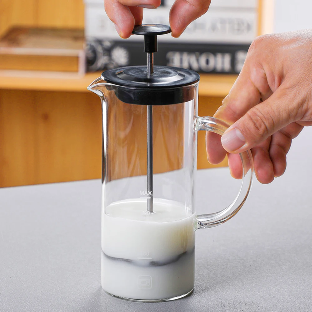 ManualMilkFrotherGlassMilkFoamerCoffeePotGlassMeshFrenchPressCoffeeMakerFrother