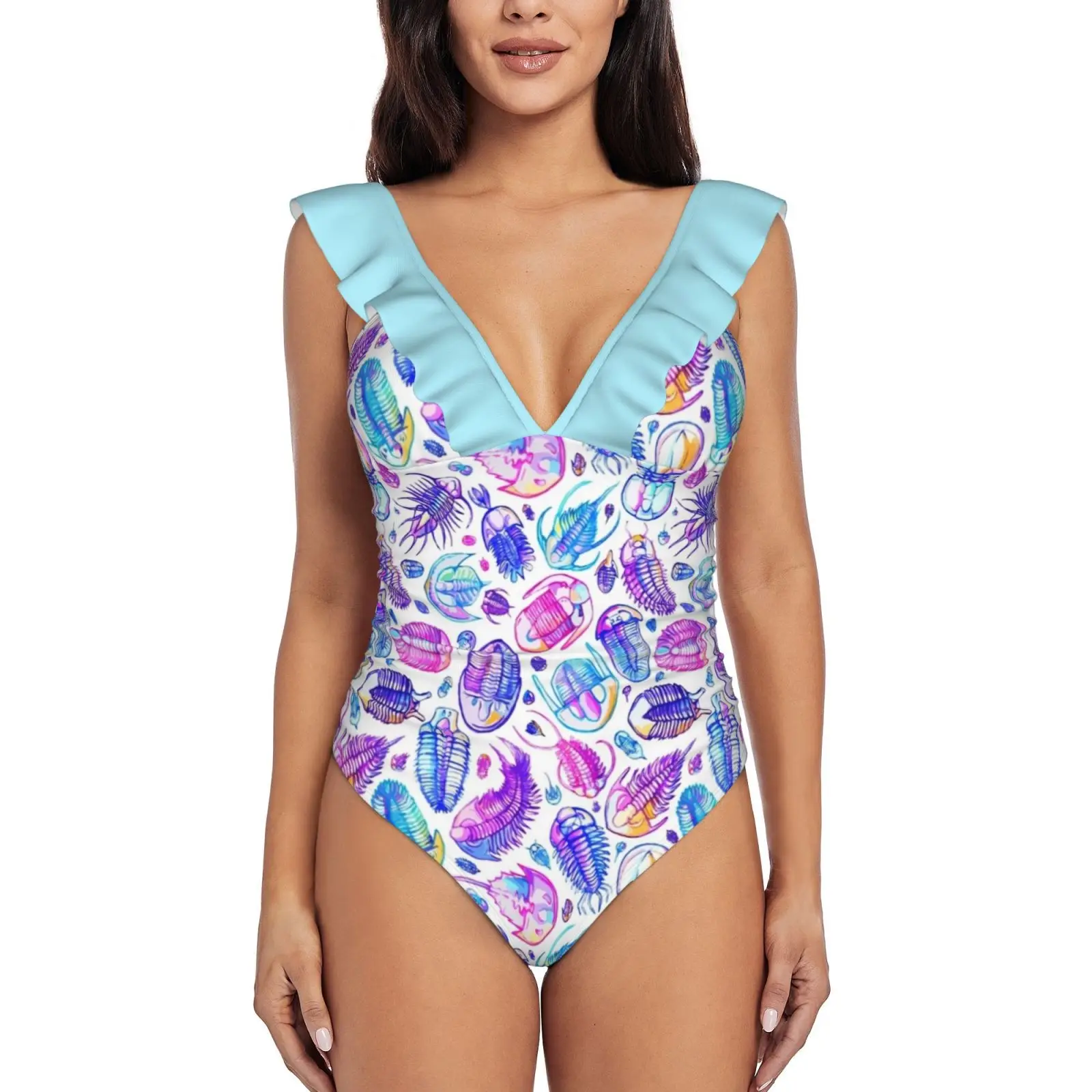 Vibrant Trilobita Sexy Costume Intero Donna Costumi Da Bagno Arruffati Donna Stampa Monokini Costumi Da Bagno Femminili Trilobiti Fossili