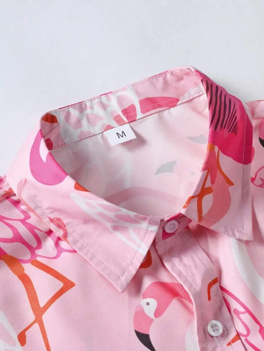 Men's Hawaiian Flamingo Print Shirt Button Down Short Sleeve Casual Shirt 4