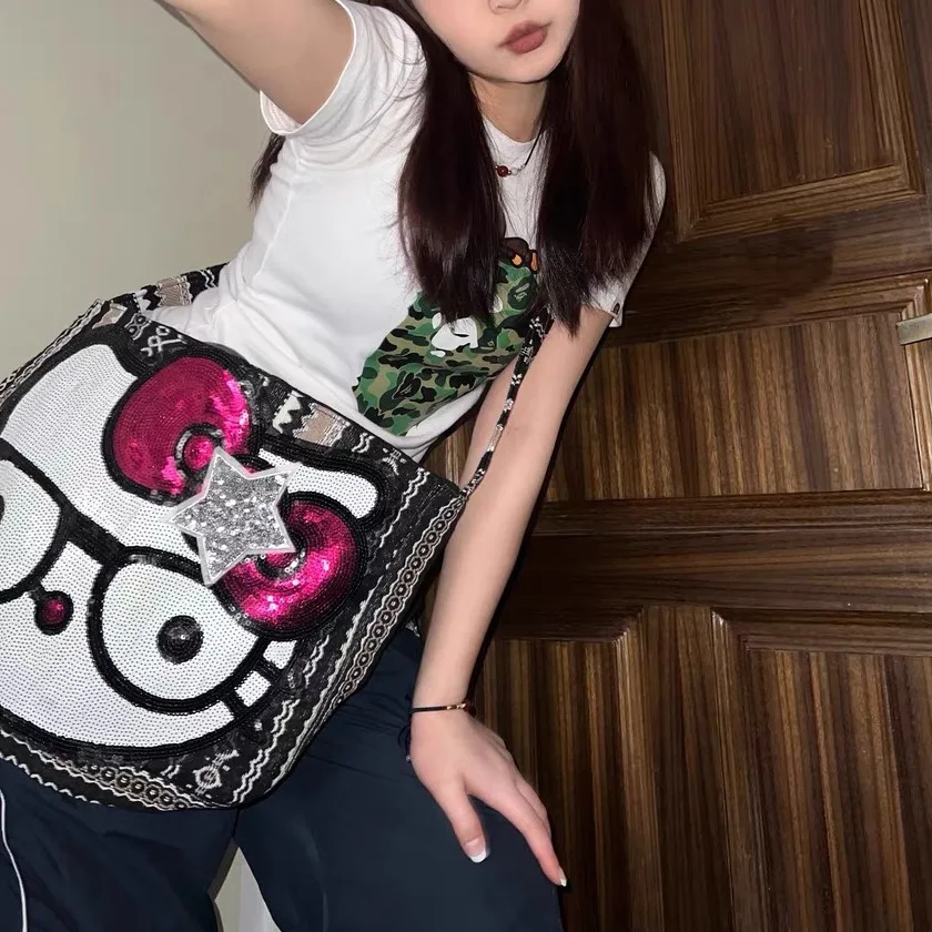 

Sanrio Hellokitty Cartoon Messenger Bag Y2K High Street Large Capacity Cloth Bag Fashion Sequins Commuting Kawaii Shoulder Bag