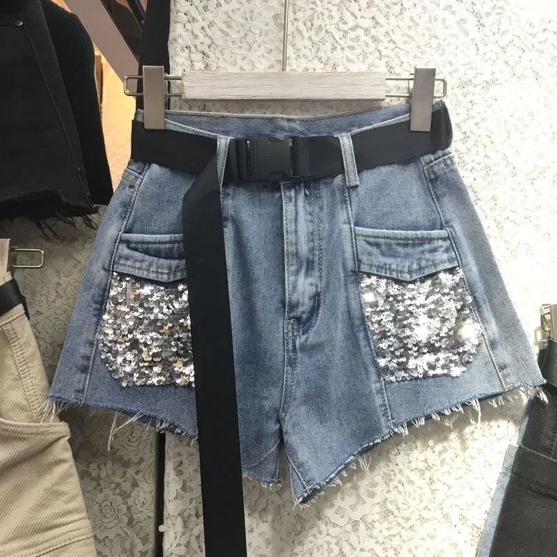 Women High Waist Zipper Pockets Straight Jeans Women Short Fashion Streetwear Harajuku Sexy Shorts Female Sequins Denim Shorts