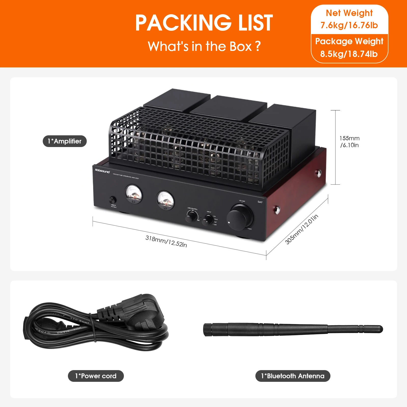 Nobsound DA7 HiFi 진공관 증폭기 Bluetooth 수신기 스테레오 홈 오디오 앰프 VU 미터가있는 USB DAC