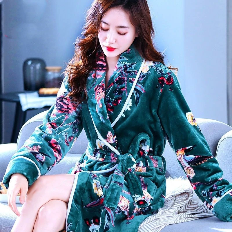 Winter Warm Women Robes Coral Fleece Sleepwear Female Kimono Print Floral Nightdress Dressing Gown Lounge Wear Hotel Bathrobe цена и фото