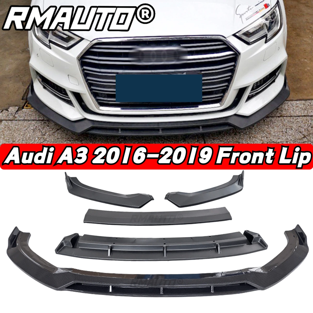 

4Pcs Carbon Fiber Car Front Bumper Lip Splitter Spoiler Protector Guard Chin Body Kit For Audi A3 2016-2019 Car Accessories