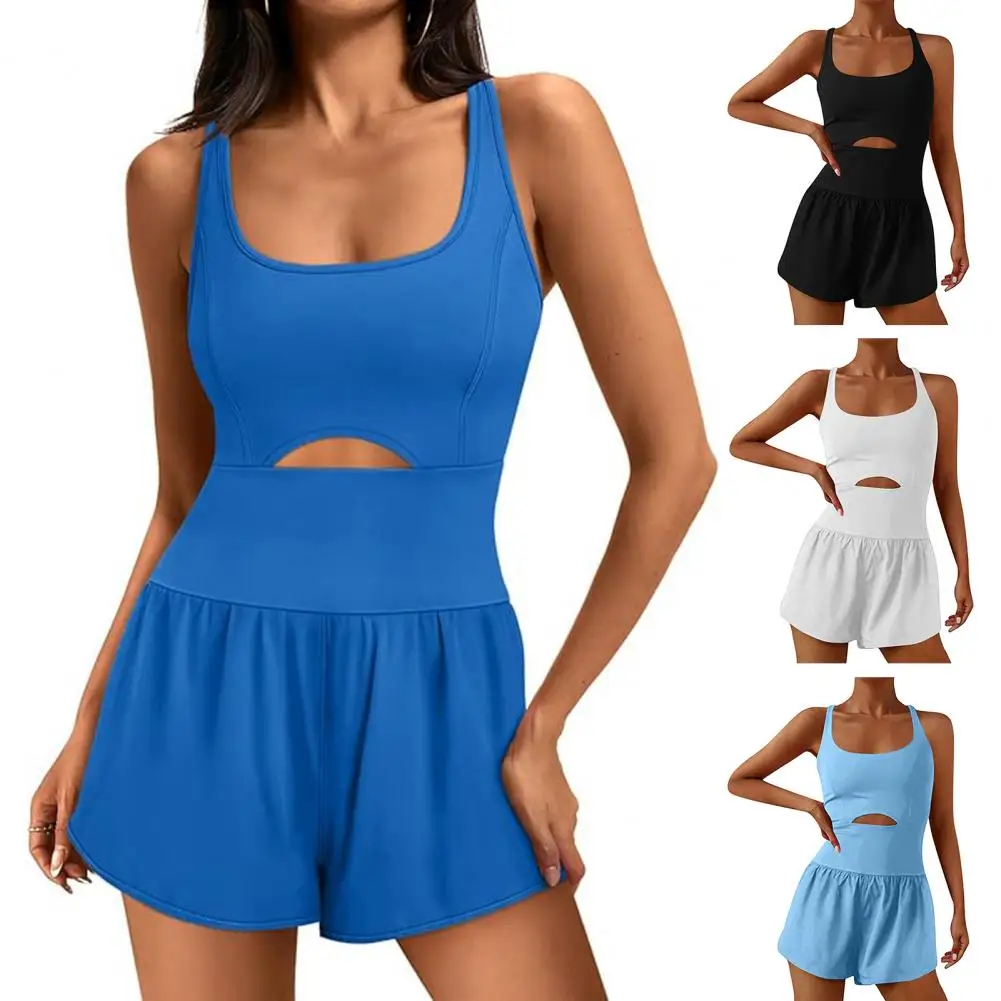 women s rompers fashion casual solid color round neck sleeveless tracksuit back zipper side lace up hollow out jumpsuits Solid Color Rompers Stylish Women's Sports Rompers with Cross Back Design for Yoga Jogging Sleeveless Hollow Out for Active