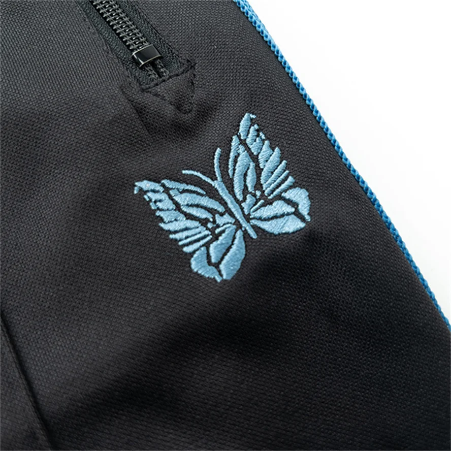 

23SS New Fasion Knitted Blue Stripes Needles Pants Men Women Needles Track Pants Butterfly Embroidery Logo Trouser
