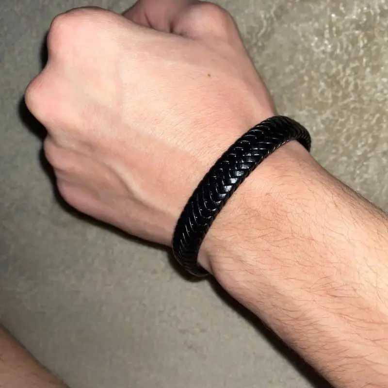 Leather Braided Wrap Bracelet Men Metal Magnetic Clasp Cuff Bangle