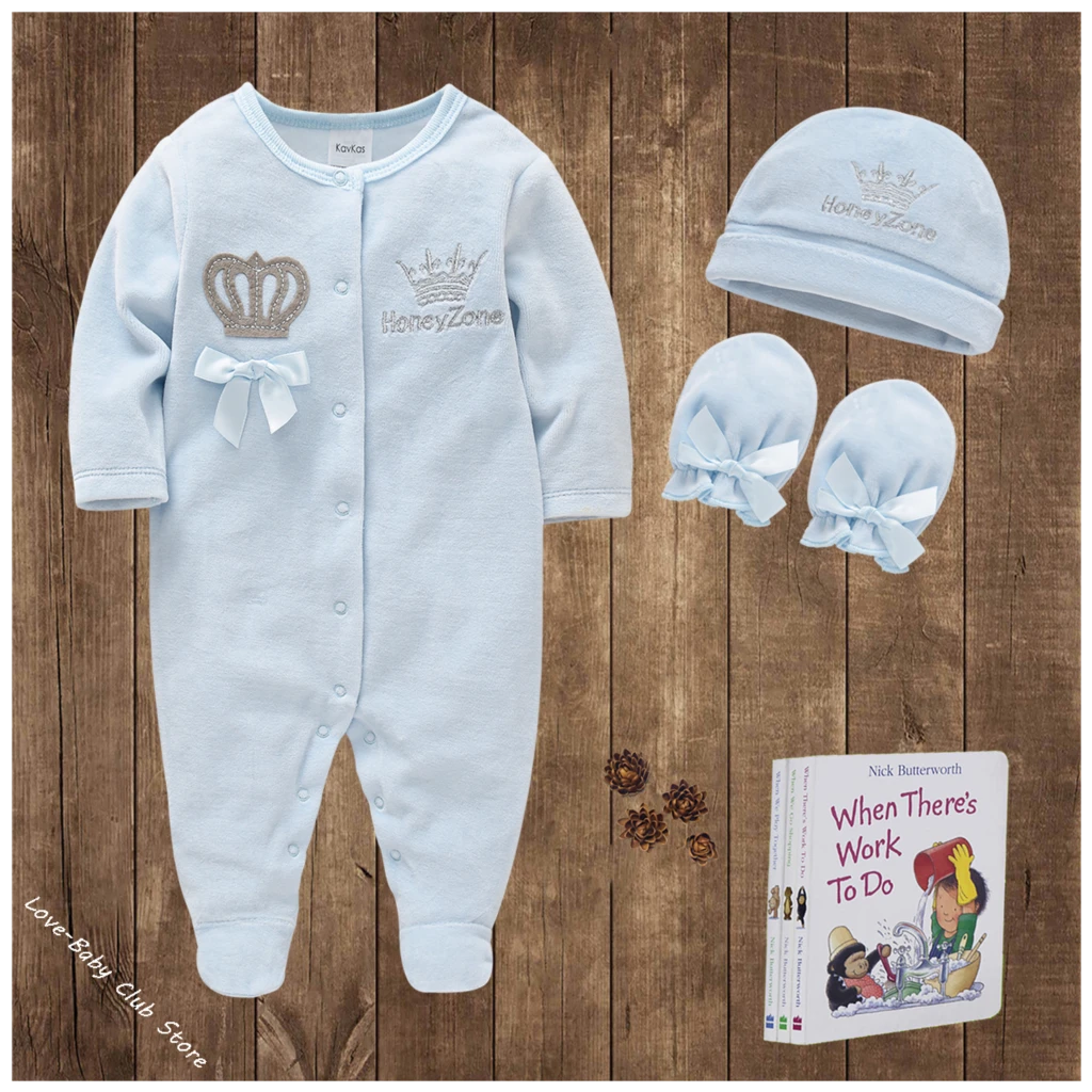 Baby Boys Rompers Royal Crown Prince Clothing Sets with Cap Gloves Infant Newborn Girl One-Pieces Footies Overall Pajamas Velour new baby clothing set	