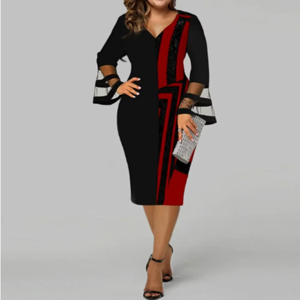 Plus Size Midi Dress for Women Elegant Print Party Dress 2024 Long Sleeve Dress view 4