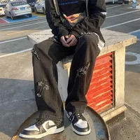 Jean en Denim à jambes droites pour hommes, nouvelle mode décontractée, ample, pantalon Y2k, jambes larges, Hip Hop, noir, bleu 4