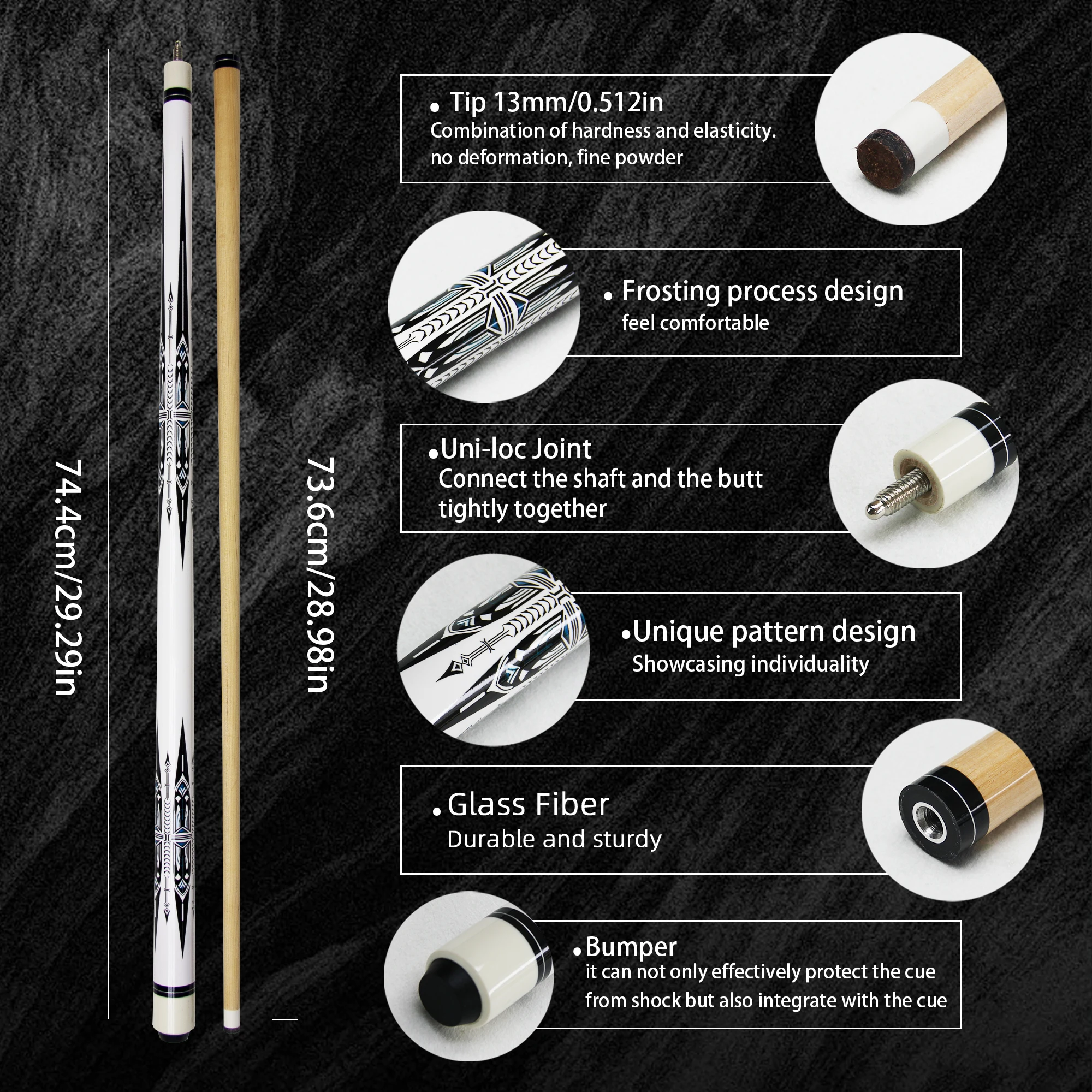 1/2 Maple Pool Cue Stick Durable Tip13mm Unique White Design Beginners Any Venue