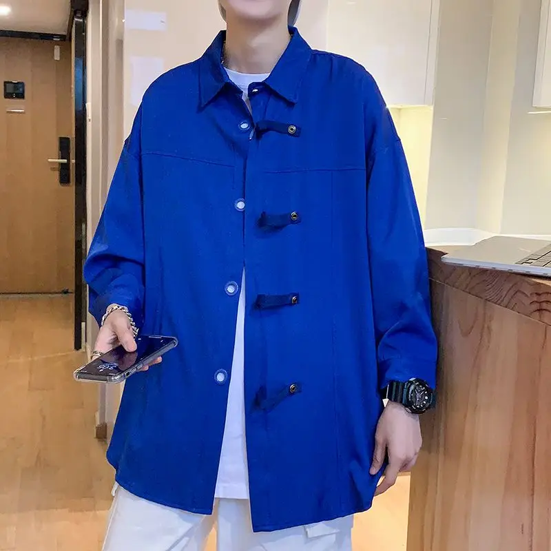 Elegant Fashion Harajuku Slim Fit Ropa Hombre Loose Casual All Match Outerwear Square Neck Solid Three Quarter Sleeve Shirt