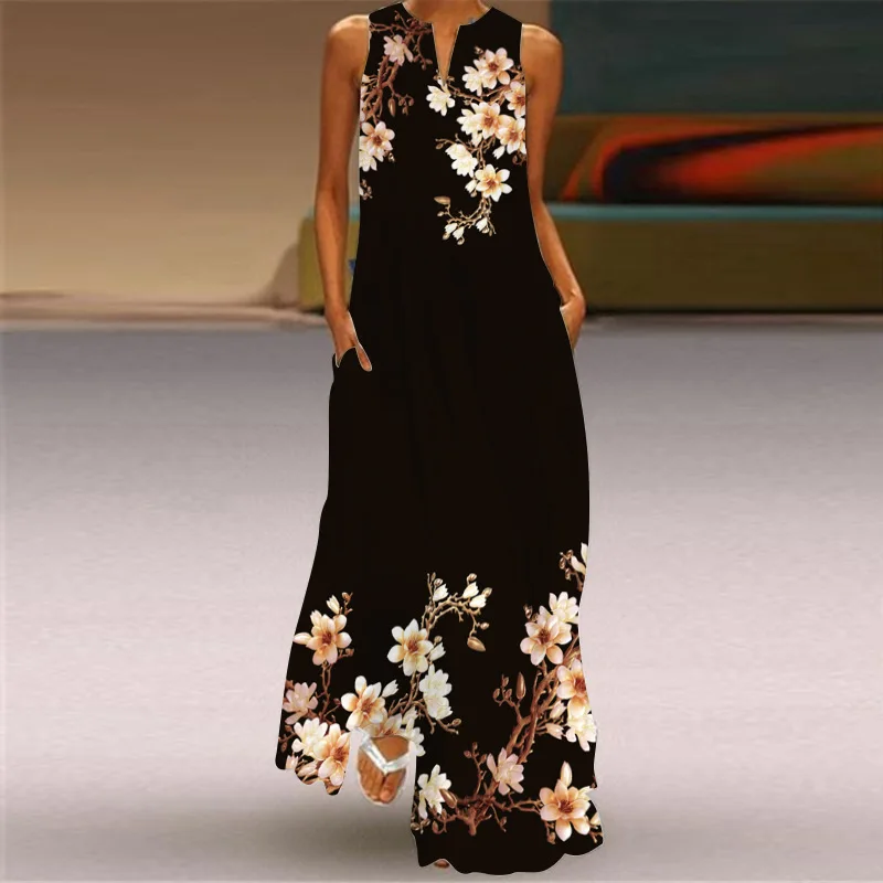 MOVOKAKA Spring Summer Print Long Dress Women Beach Holiday Casual Fashion Elegant Dresses Party Sleeveless V Neck Maxi Dresses