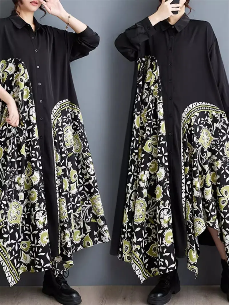 

Модное асимметричное лоскутное платье-рубашка контрастных цветов, весна 2024, новое свободное повседневное длинное платье большого размера для женщин K262