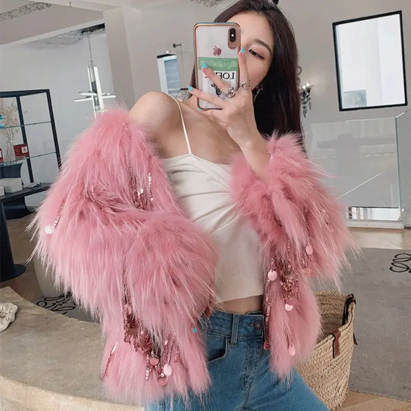 

Faux Fox Fur Grass Sequined Tassels Coat Women's Short Imitation Raccoon Winter Fur Beaded Fringed Bomber Jacket Cardigan Abrigo