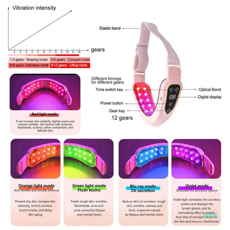 Facial Lifting Device LED Photon Facial Slimming Vibration Massager Heated Double Chin V Face Shaped Cheek Lift Belt Machine Facial Massager Face Slimming Massager Face Slimming Strap