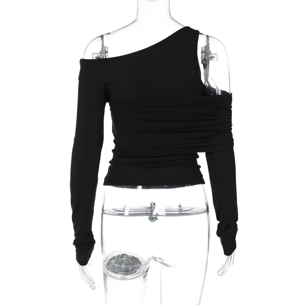 Black Off-Shoulder Long Sleeve T-shirt For Women High Waist Autumn Slim Fashion Pullover Top Ladies Solid Y2k Tee Top