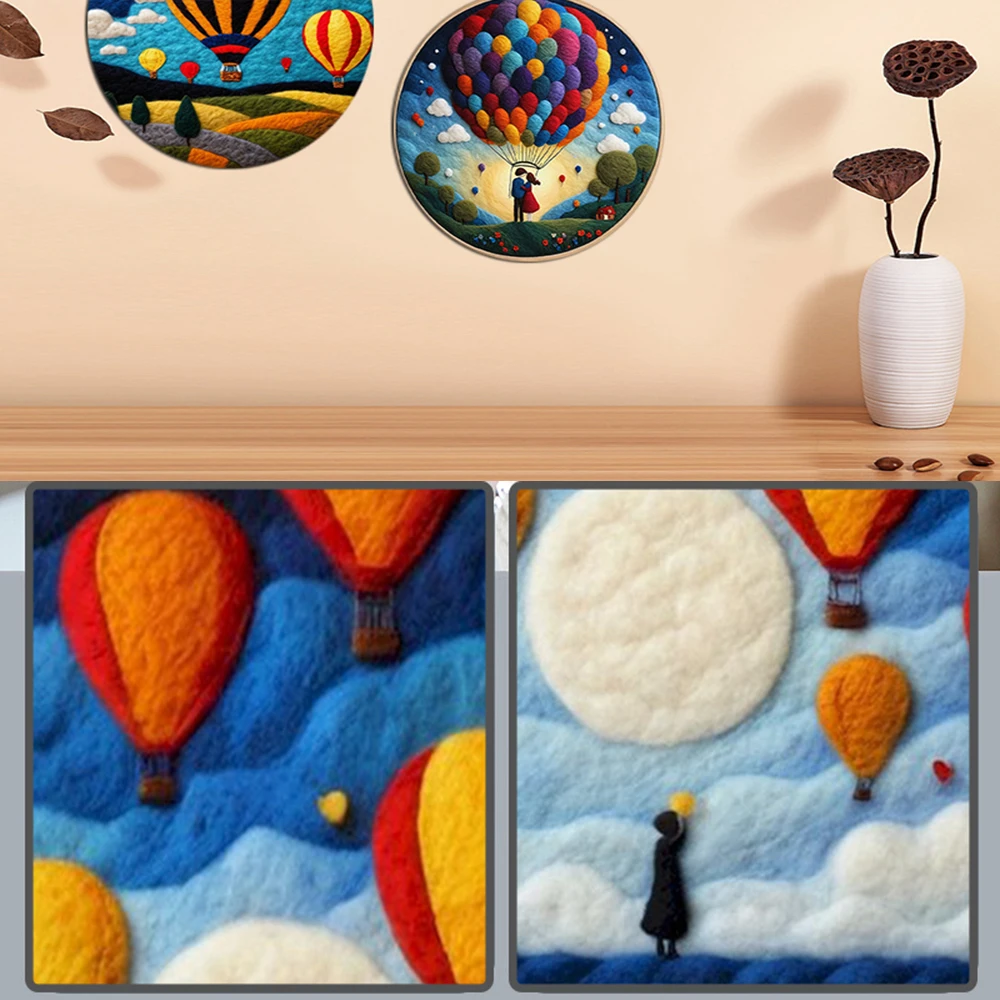 PhotoCustom DIY Wool Felting Painting Kit With Frame Handmade Needle Wool Painting Hot Air Balloon For Home Decors Crafts Gift needle felting painting kit needle felting kit wool felting kit