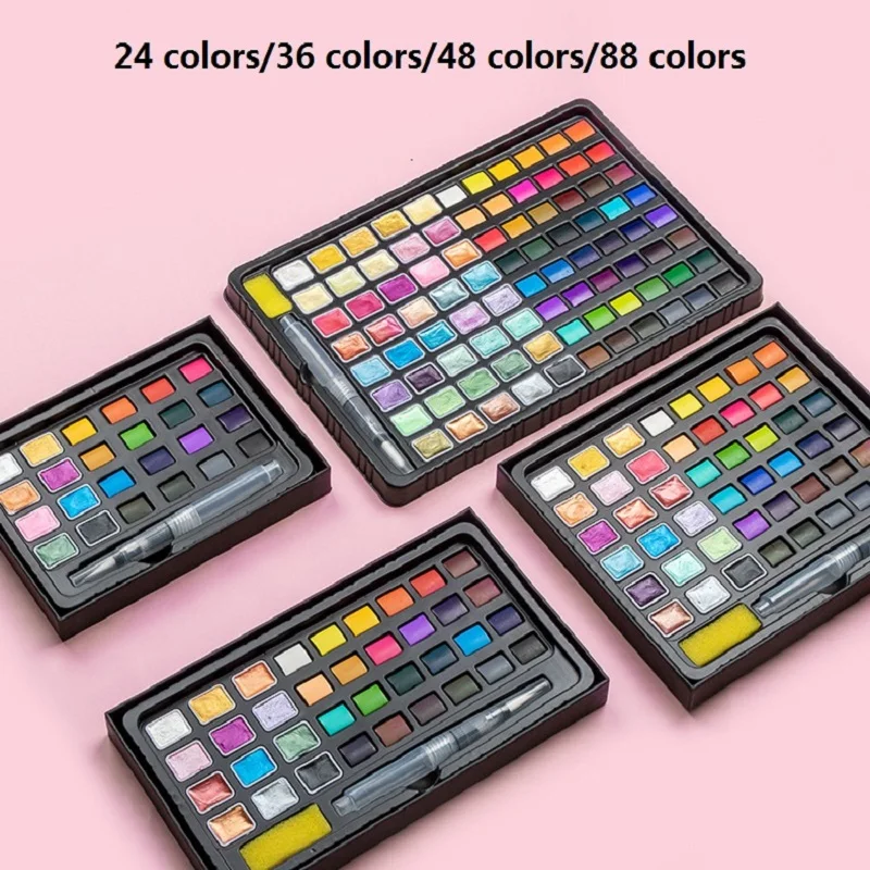 Solid Watercolor Paint Set with Glitter & Standard Color, Pearlescent Pigment Kit Portable Travel Supplies for Beginners Artists