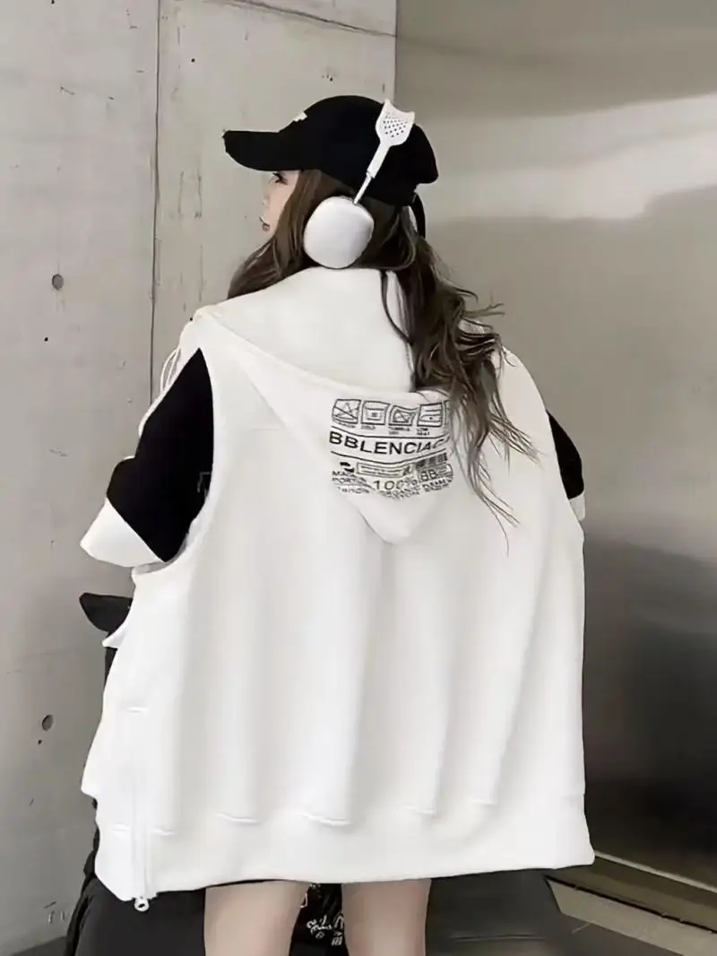 Large size 300kg European goods summer design niche personality pocket long loose hooded sweater coat women