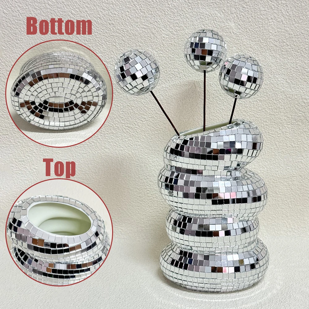 Disco Ball Spiral Vase Unique Glass Tiles Flower Bottle Disco Ball Planter Silver Mirror Vase Home Living Room Office Decor 4