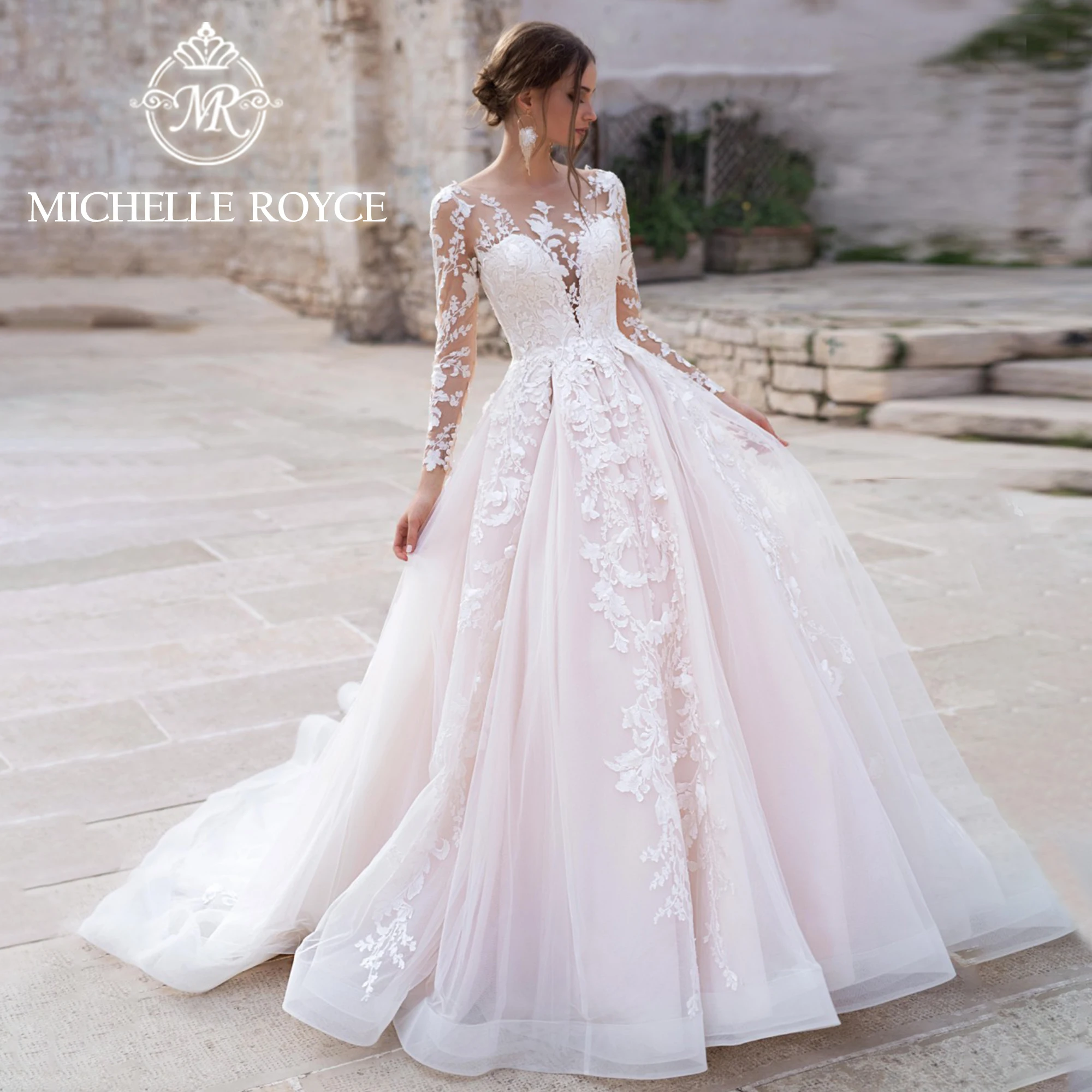 

Michelle Royce A-Line Wedding Dresses For Women 2024 Classy Illusion SCOOP Appliques Long Sleeve Wedding Gown Vestidos De Novia