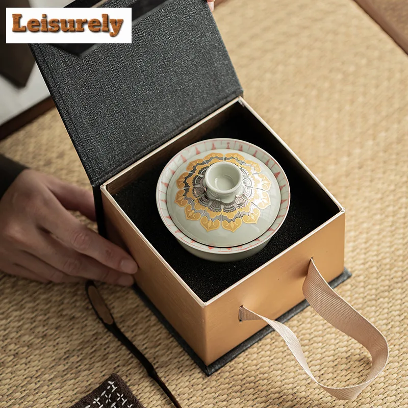 150ML Grass Grey Gaiwan Zen Thousand Buddhas Ceramic Tureen Household Tea Brewing Cover Bowl Tableware Supplies Ornaments Craft