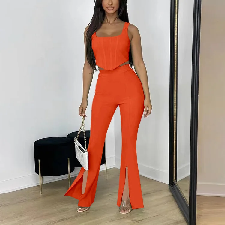 BKLD 2024 Women Two Piece Set Slim Fit Sleeveless Tank Top Split Pant Sets Fashion Solid Color Sexy Night Club Outfits