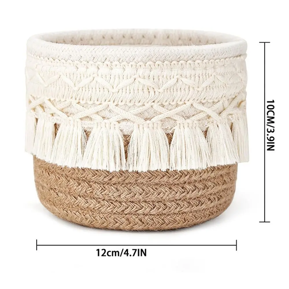 Tassels Desktop Storage Basket White Coffee Weaving Sundries Organizer Basket Photo Props Round Snacks Box Home Decoration