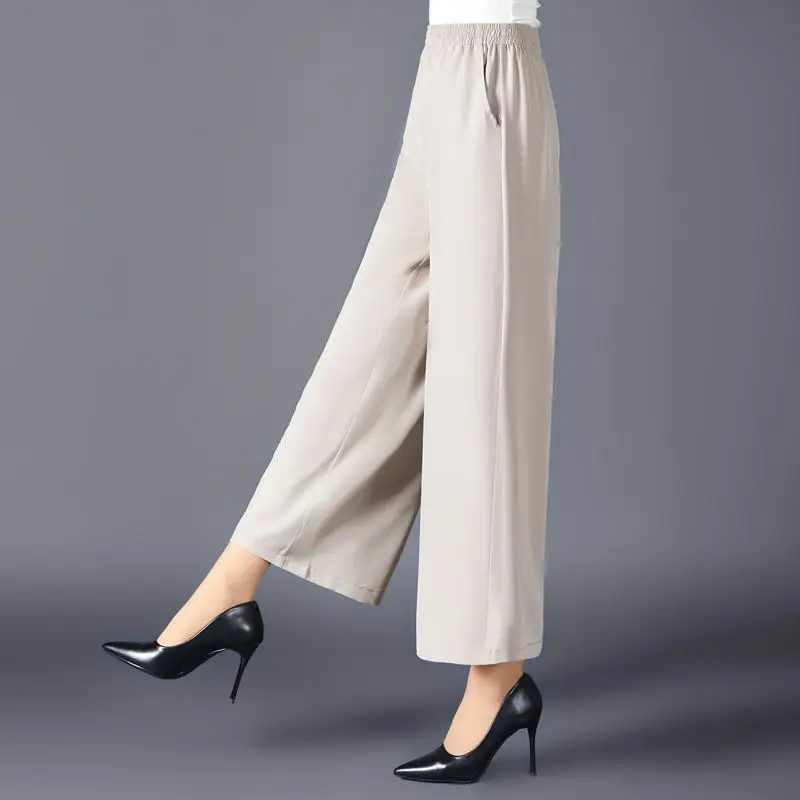 Simplicity Summer Pants Women's Solid Elastic High Waist Ice Silk Fabric Temperament Casual Loose Ankle Length Wide Leg Trousers
