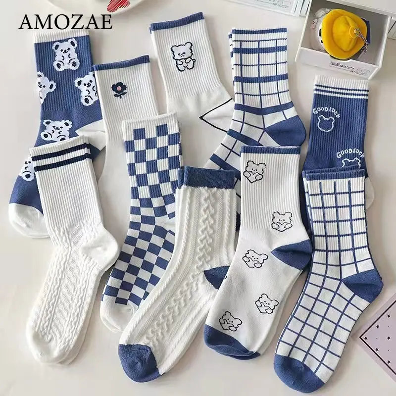

6 Pcs=3pair Japan Harajuku Cartoon Creative Striped Checkered Bear Sock Kawaii Funny Girls Socks Fashion Skateboard Women Sokken