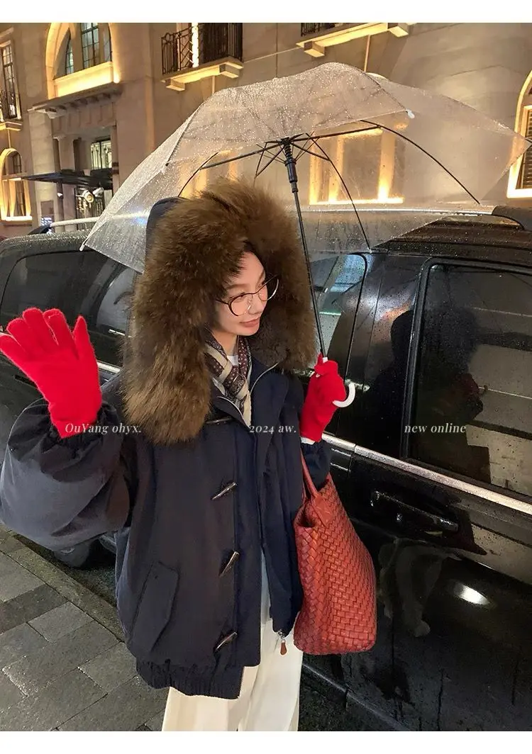 YYAHAHAS 2025 Winter New Cow Horn Button Thick Cotton Coat Retro American Warm Fur Collar Hooded Jacket Female Clothing