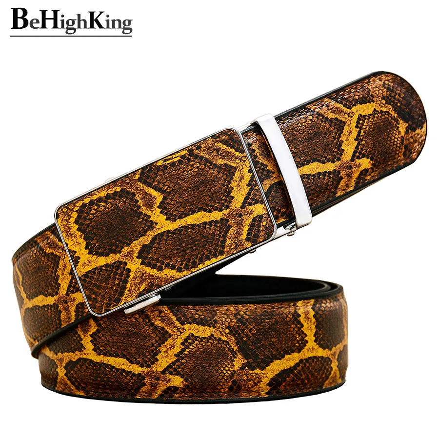 Fashion Genuine Leather Belts Unisex Luxury Simulated Snake Pattern Automatic Buckle Cowskin Waist Strap for Men and Women Gift
