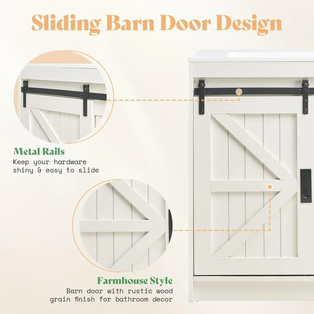 Bathroom Vanity with Sink Combo, 31in Sliding Barn Door Bathroom Vanity Cabinet with Storage Drawers, Bath Storage Vanity Sink 2