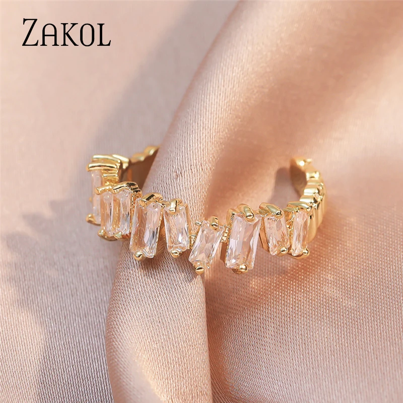 ZAKOL Korean Zircon Gold Color Open Rings for Women Rectangle Index Finger Ring Wedding Party Girl Sexy Jewelry finger ring wedding rings jewelry accessories adjustable rings wedding ring gold color ring gold color rings opening ring