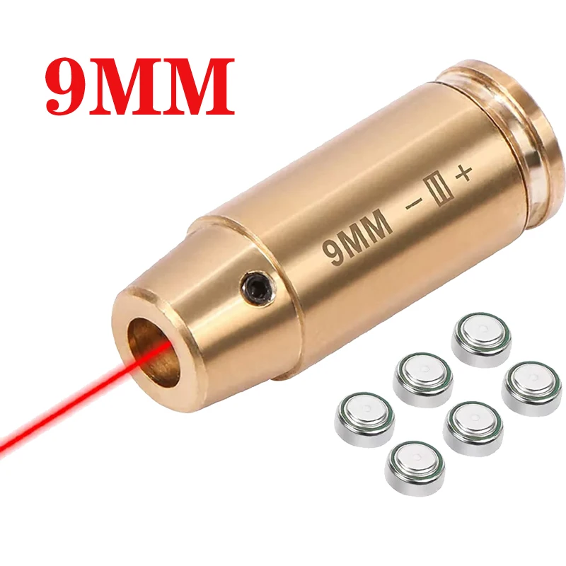 High Accuracy CAL 9mm Red Laser Bore Sight Cartridge Bullet Shap Boresighter 6 Batteries