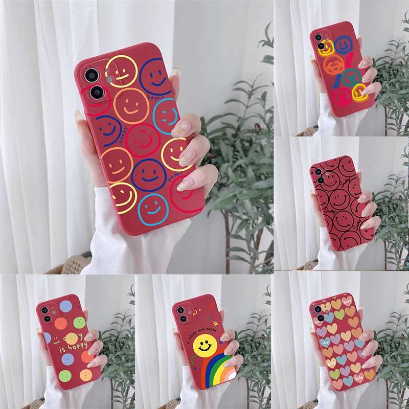 

Cartoon Smiley and love heart Phone Case For iPhone 13 12 11 Pro Max XS Max XR X 8 7 Plus liquid Red Silicon Soft Bumper case