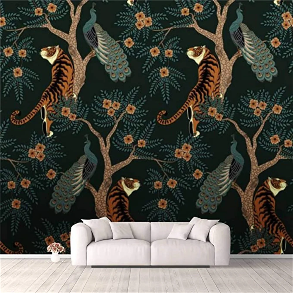 elegant peacock pink floral customized murals canvas cloth flower malachite mural wall decor waterproof colorful wallpaper 3D Wallpaper Tiger and Peacock Pattern Wallpaper Self Adhesive Bedroom Living Room Dormitory Decor Wall Mural Wardrobe Sticker