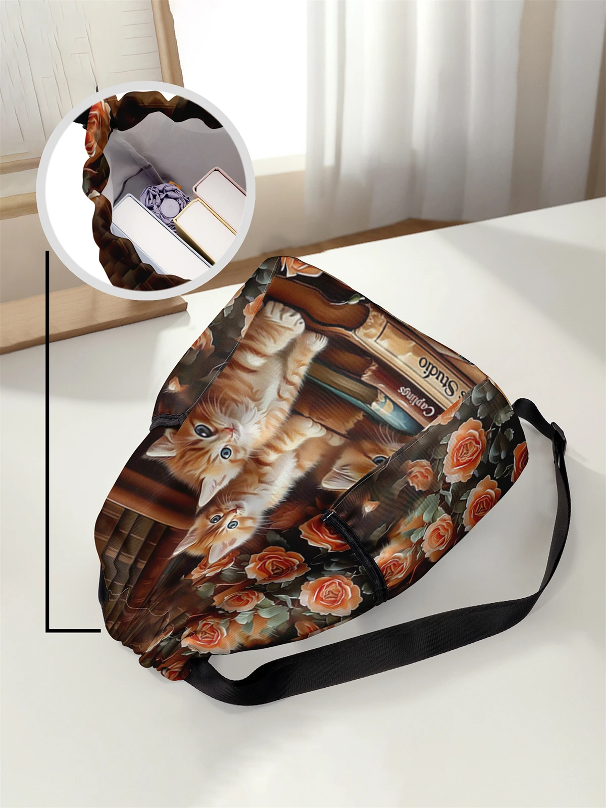 Cute Cat Pattern Printed Drawstring Backpack - Large Capacity Durable Fitness Bag, Sports Beach Backpack