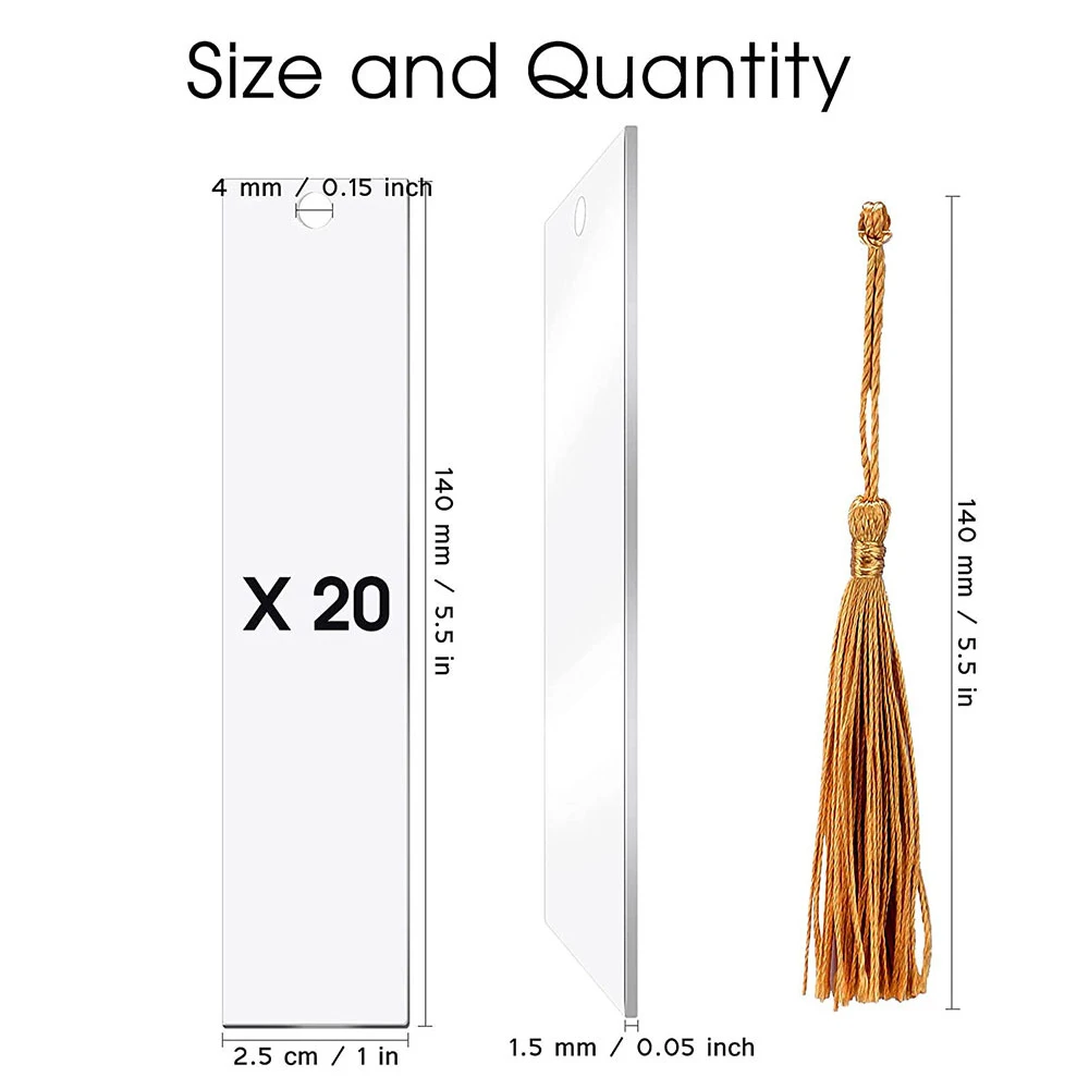 30Pcs Rectangle Acrylic Bookmark Blank Clear Unfinished Acrylic Book Markers Ornaments with Colorful Tassels Ornaments Craft