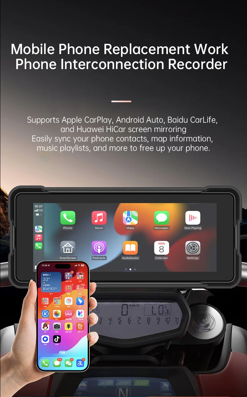 Schermo Display Moto con Carplay, Navigatore Digitale Portatile, Cruscotto Android Auto Impermeabile, Monitor BT per Motocicletta - immagine 6