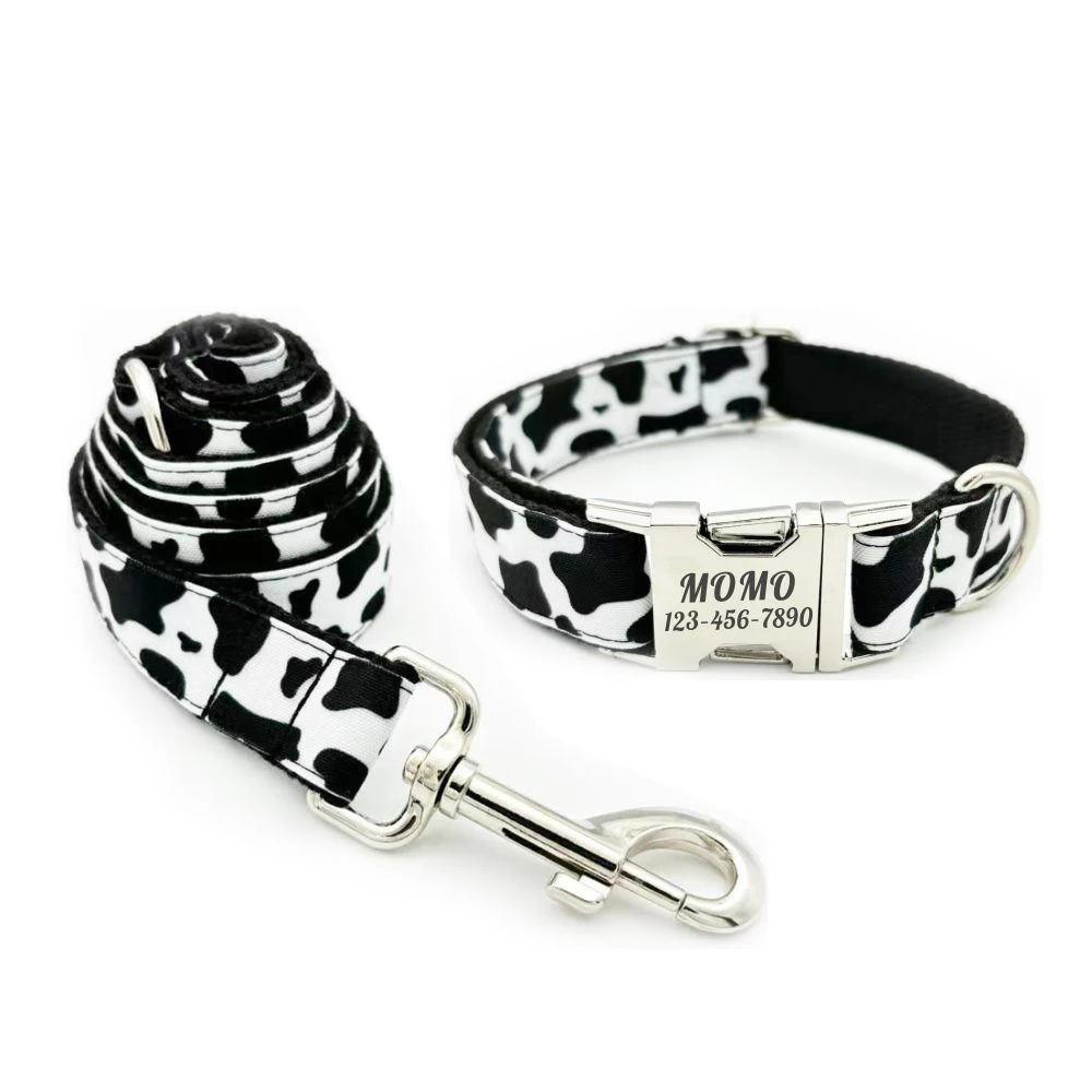 Personalized Cow Pattern Dog Collar Puppy ID Tag Adjustable Cat Accessory Black White Basic Dog Collars Leash dog collar,dog id tag
